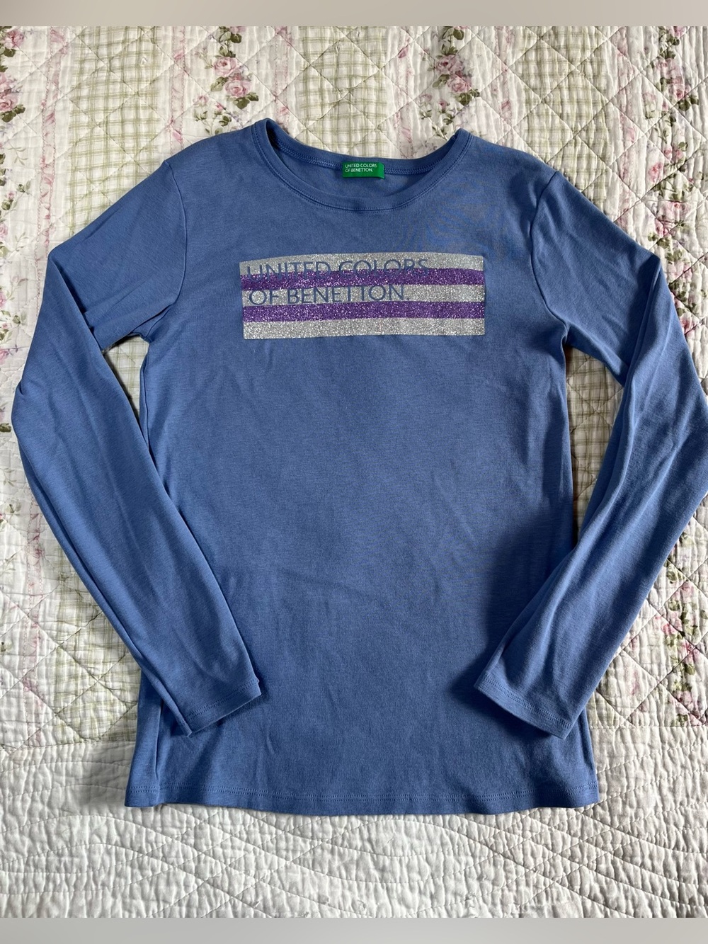 United Colors Of Benetton Blue Long Sleeve Tee with Glitter Stripe Logo